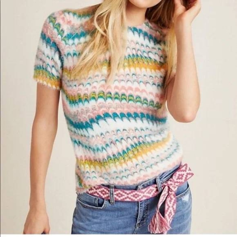 Anthropologie Marbled Short Sleeve Sweater Eyelash Knit Chevron Fuzzy Top S NEW‎